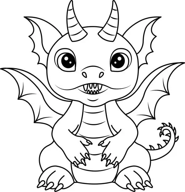 Vector illustration of A coloring book with a cute dragon for kids, an illustration of a coloring book with a cartoon vector dragon, a hand-drawn outline of a fantastic dragon for a coloring book. Creativity for children.