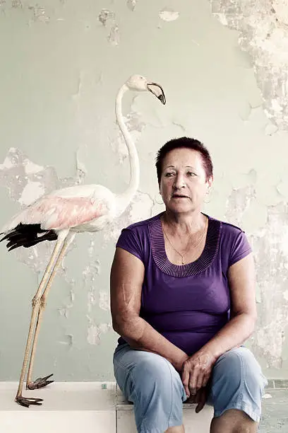 Photo of portrait of   woman next to   stuffed bird