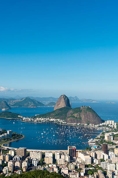Rio de Janeiro Aerial view of Sugarloaf mountain, Guanabara Bay and the downtown city area of Botafogo of Rio de Janeiro, Brazil guanabara bay stock pictures, royalty-free photos & images