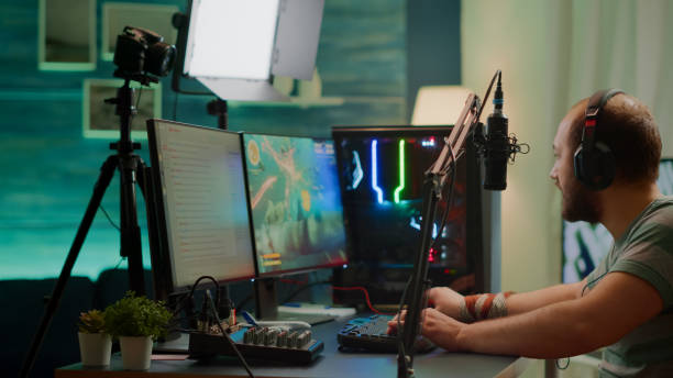 istock Competitive player streaming esport tournament checking sound mixer 1811556513