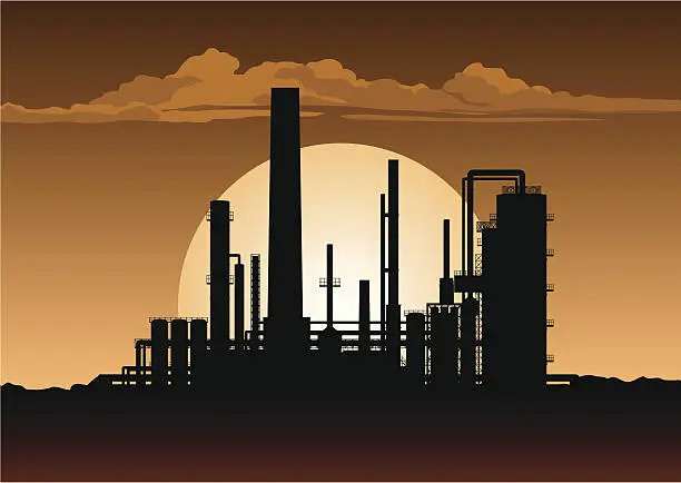 Vector illustration of Oil refinery at Night