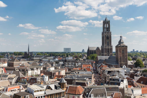 Aerial cityscape of medieval city Utrecht, fourth city of the Netherlands
