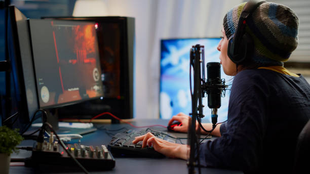 istock Pro cyber woman talking at streaming professional microphone 1811570940