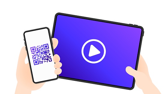 Play button and qr-code. Flat, phone and tablet screen, play button, qr-code on the phone screen. Vector illustration