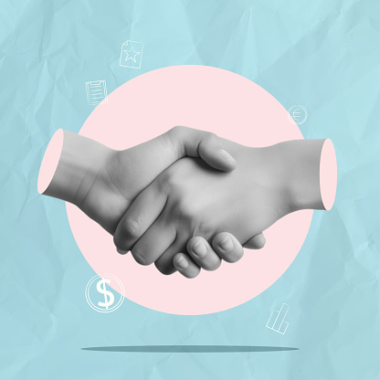 business joint venture concept Contemporary art collage Image of handshake and business icons conveying cooperation, agreement, blue rough textured background