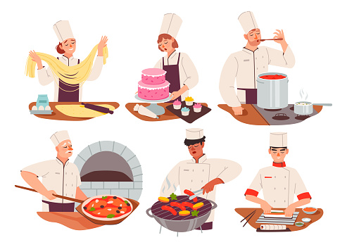 Chefs prepare various dishes at the restaurant. Culinary workers prepare sushi, pasta, grill, pizza and cakes. Flat vector illustration