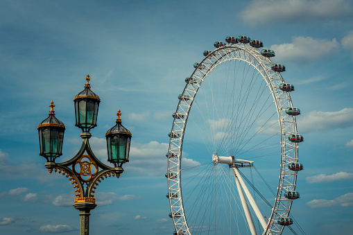 London, United Kingdom - May 28, 2023:  detail of the London Eye Millenium Wheel