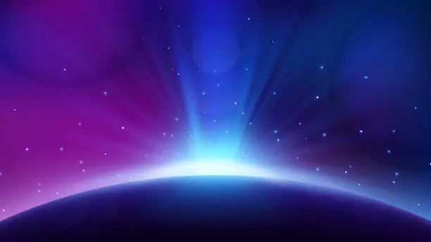 Vector illustration of Blue Light Rising From Planet Horizon, Glowing Shine Background