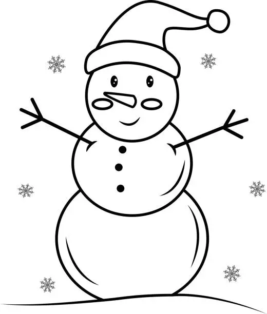 Vector illustration of A cute smiling snowman in a hat and mittens highlighted on a white background.Vector black and white illustration.  Perfect for holiday and Christmas designs. Coloring of a cute cartoon