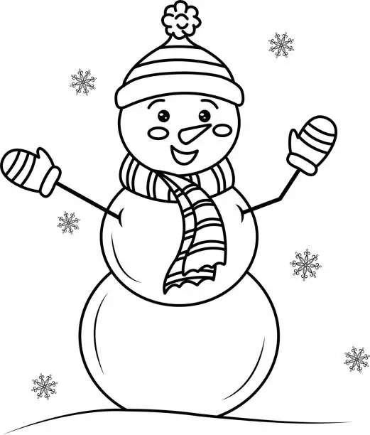Vector illustration of A cute smiling snowman with a hat and scarf, highlighted on a white background.Vector black and white illustration.  Perfect for holiday and Christmas designs. Coloring of a cute cartoon
