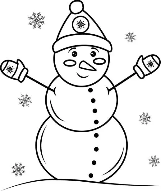 Vector illustration of A cute smiling snowman in a hat and mittens highlighted on a white background.Vector black and white illustration.  Perfect for holiday and Christmas designs. Coloring of a cute cartoon