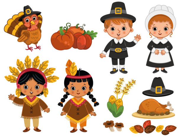 추수 감사절 클립아트 세트 - thanksgiving pilgrim turkey little girls stock illustrations