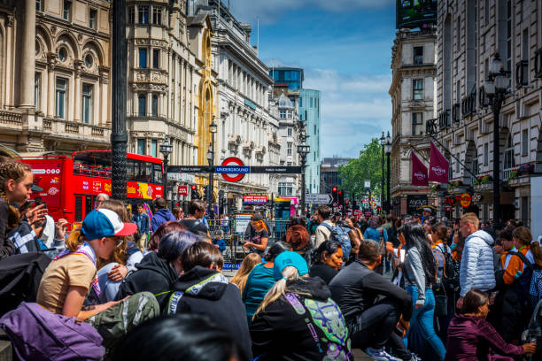 London, United Kingdom - May 29, 2023: There are always many people at the entrance to piccadilly circus underground station, located in London's West End.