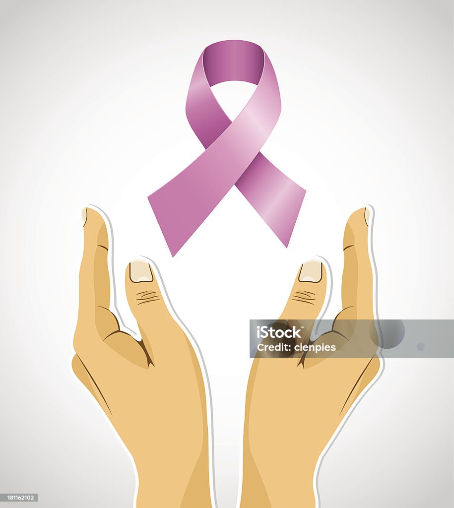 Cinta contra el cáncer de mama con manos humanas la composición. - arte vectorial de Adulto libre de derechos