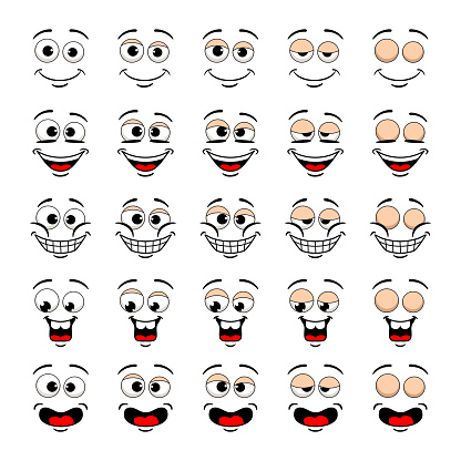 Cartoon face and blink eye animation. Vector funny characters smiling facial expression with admiration movement sprite sheet