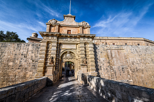 Close Up To Fortified Walls And Gate Of Mdina, Malta