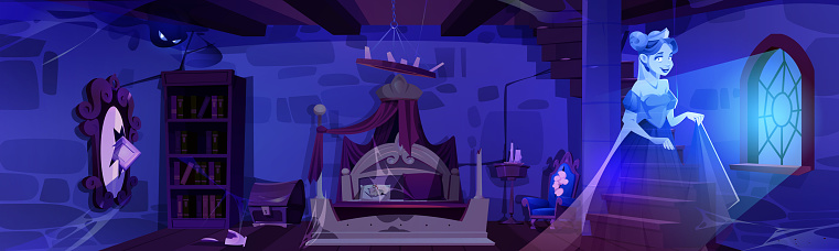 Abandoned old castle bedroom with floating princess ghost cartoon illustration. Spooky palace bed room with dead character spirit. Broken female royal apartment at midnight scary horror scene