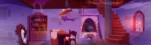 Vector illustration of Abandoned old magic wizard room cartoon background