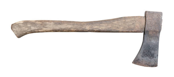 istock Old rust dirty dark gray axe with brown wooden handle isolated on white background with clipping path 1811640725