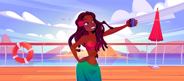 Young african girl in swimsuit takes selfie in front of sea standing on deck of ship or terrace on coast. Cartoon vector of beautiful woman taking photo of herself during summer vacation or cruise.