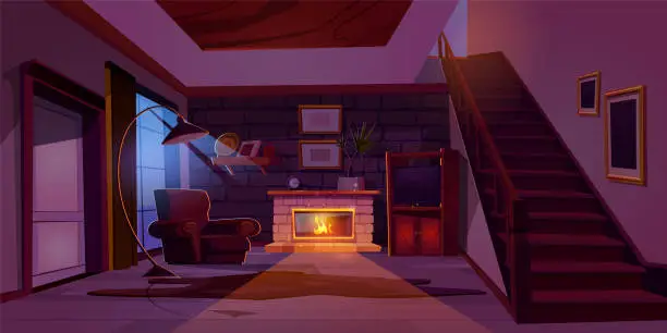 Vector illustration of Fireplace in house living room interior at night