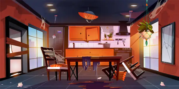 Vector illustration of Destroyed kitchen interior in urban apartment