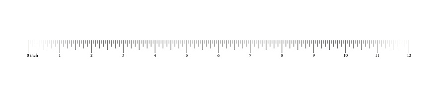 Ruler 12 inches, foot. Math, geometric tool for distance. Height, length measurement scale with markup and numbers. Measuring horizontal chart. Vector template.