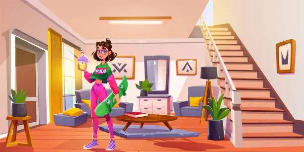 Vector illustration of Teen girl with skate in house living room design