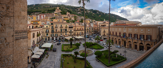 June 15, 2023 - Wide Pamoramic View Of The Main Square Of Monreale, In The South Of Italy, Near Palermo, Taken From The Roof Of The Cathedral of Monreale  On Blurred Background
