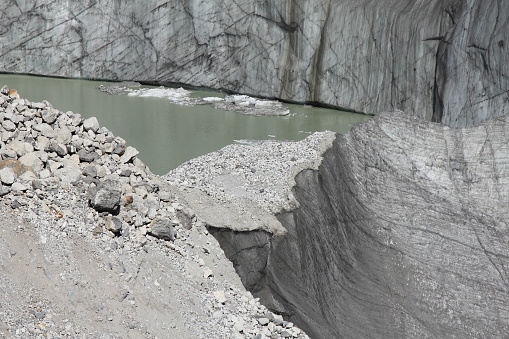 Grey ice of the Ngozumba Glacier, Gokyo.