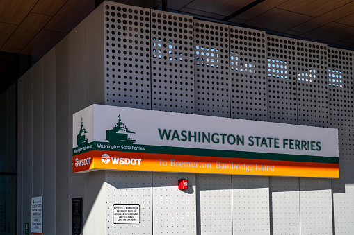Seattle WA, USA - October 28, 2023: The newly built upper level pedestrian walkway to the ferry terminal.