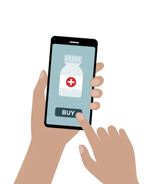 Vector illustration of Buying medicine from online pharmacy, using cellphone.
