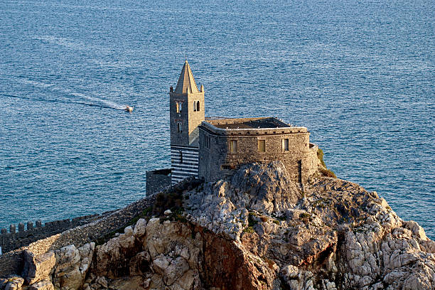 Portovenere, Church of St. Peter from the castle stock photo