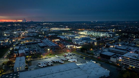 Large industrial and business park - aerial view at dusk