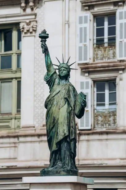 Nice, France - September 17, 2023: Replica of the famous Statue of Liberty in Nice on the Promenade des Anglais