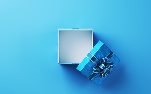 3d Render Open Gift Box Hollow White Color with Blue Ribbon and Blue Pattern Sitting on Light Blue Soft Floor Background, Can be used for new year, valentine's day, happy birthday concepts. (Close-up)