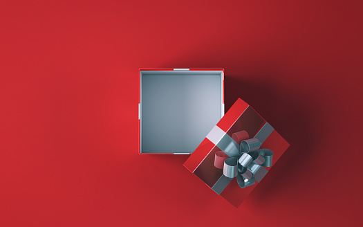 3d Render Red Open Gift Box with Silver Ribbon Sitting on Red Soft Floor Background Hollow White Color, Can be used for new year, valentine's day, happy birthday concepts. (Close-up)