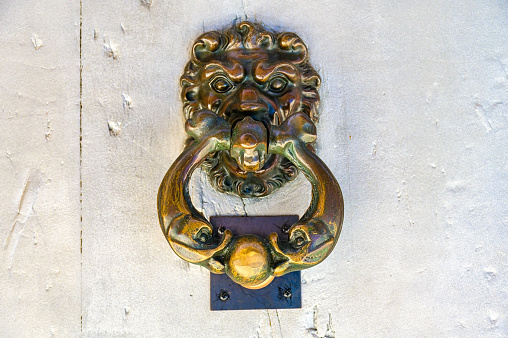An ornate metal door with lions' head door knockers in the Hungarian town of Pecs. Some grain; intentional.