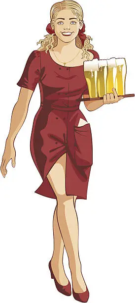 Vector illustration of blond waitress in red