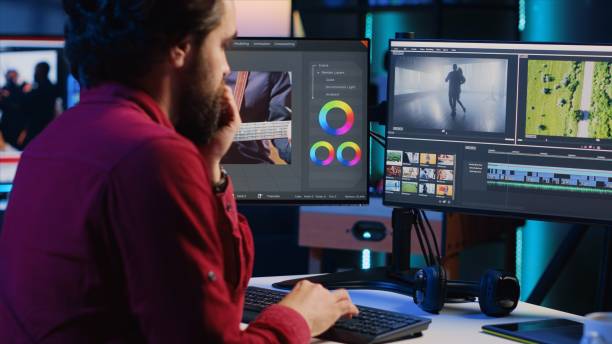 istock Professional video editor analyzing film montage before editing color grading and lighting 1811714786