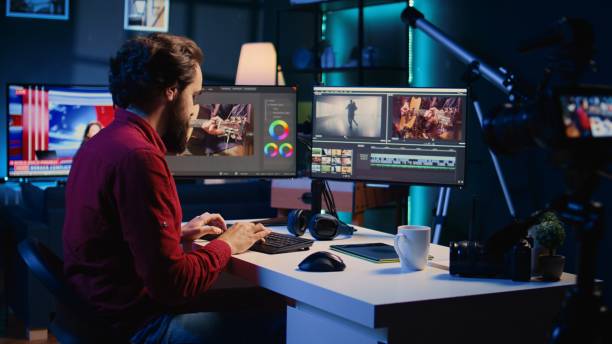 istock Videographer filming internet guide on video footage correcting 1811720168
