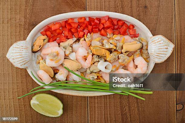 Seafood Selection On Ceramic Plate Stock Photo - Download Image Now - Appetizer, Brown, Calamari