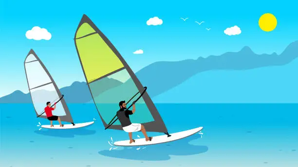 Vector illustration of Windsurfing lessons. Two guys are windsurfing. Flat vector illustration