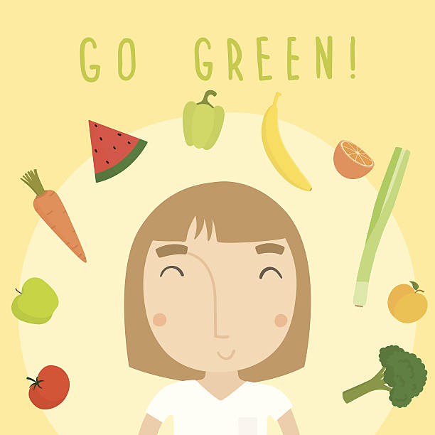 Go green girl and vegetables Vector hand drawn illustration mature woman healthy eating stock illustrations