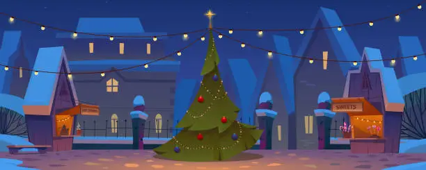 Vector illustration of City park on Christmas Eve. Christmas tree decorated with garlands, winter evening, Christmas market with hot drinks and sweets. Empty winter park, silhouettes of houses. Vector cartoon illustration