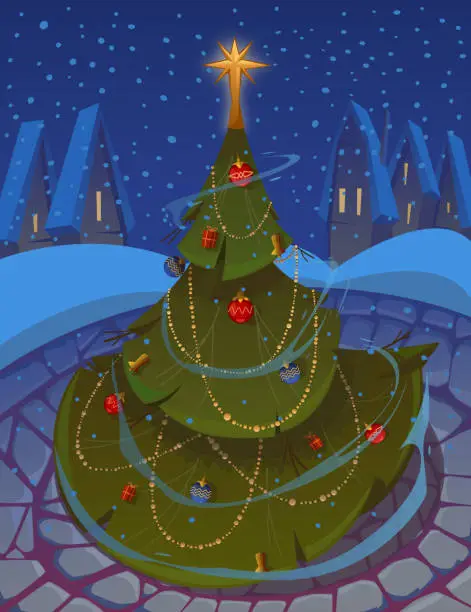 Vector illustration of Christmas tree with an eight-pointed star decorated with garlands and balls. City square made of paving stones, night, blizzard, snowfall, city roofs on the horizon. Vector cartoon illustration.