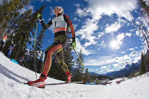 A skier competes in the Women's World Cup Cross-Country Ski Sprint Race on March 8, 2016 at the Canmore Nordic Centre Provincial Park in Alberta, Canada. (John Gibson Photo/Gibson Pictures)