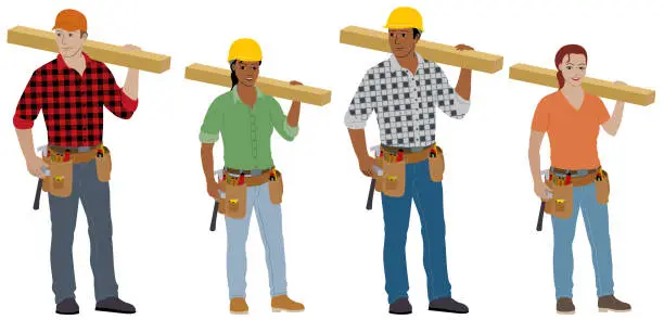 Vector illustration of 2 male carpenters and 2 female carpenters carrying a piece wood