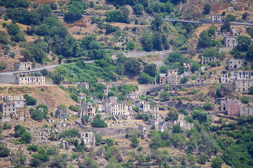 View to desserted village Gairo Vecchio, Sardinia, Italy