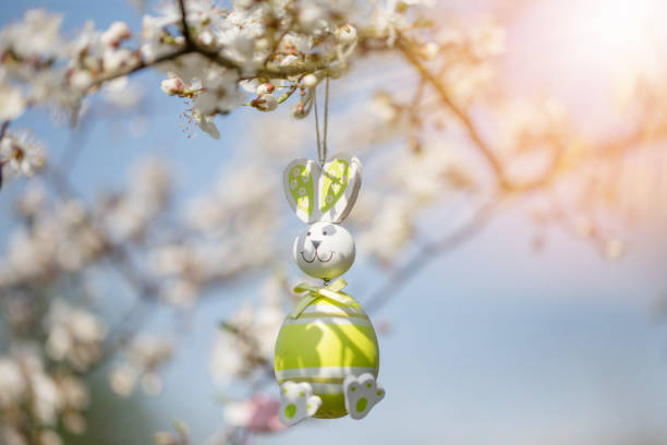 Blooming cherry twigs in the garden, decorated with Easter eggs against the blue sky
